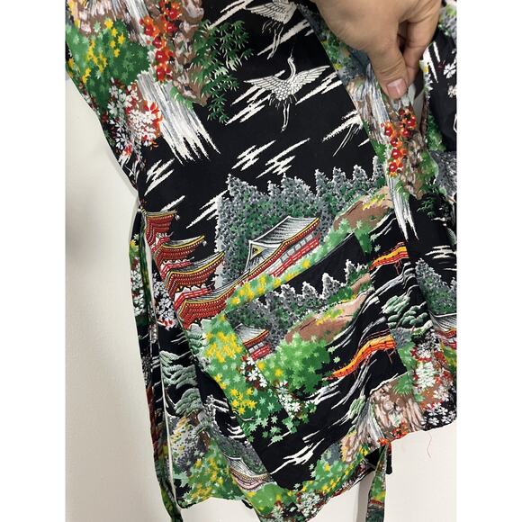 Japanese Made Washable Rayon Kimono L Artsy Maximalist Travel Scenic Boho Ukiyoe - Picture 3 of 12